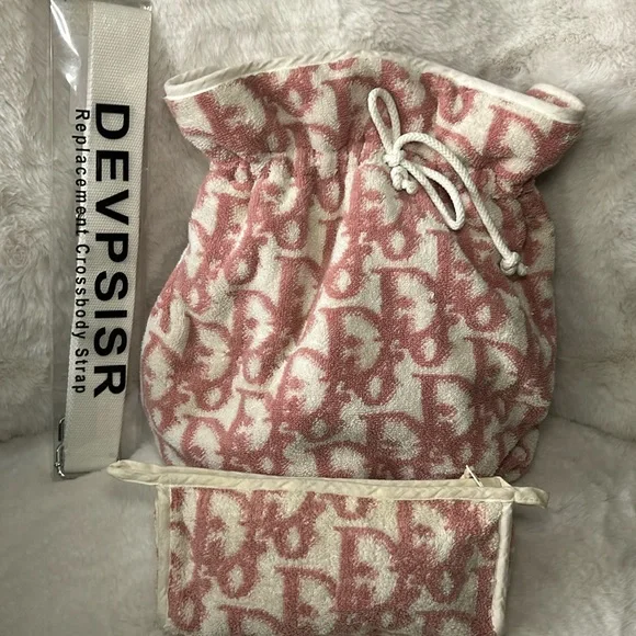 Dior cute pink and cream terry large drawstring bucket bag with pouch - Picture 1 of 17
